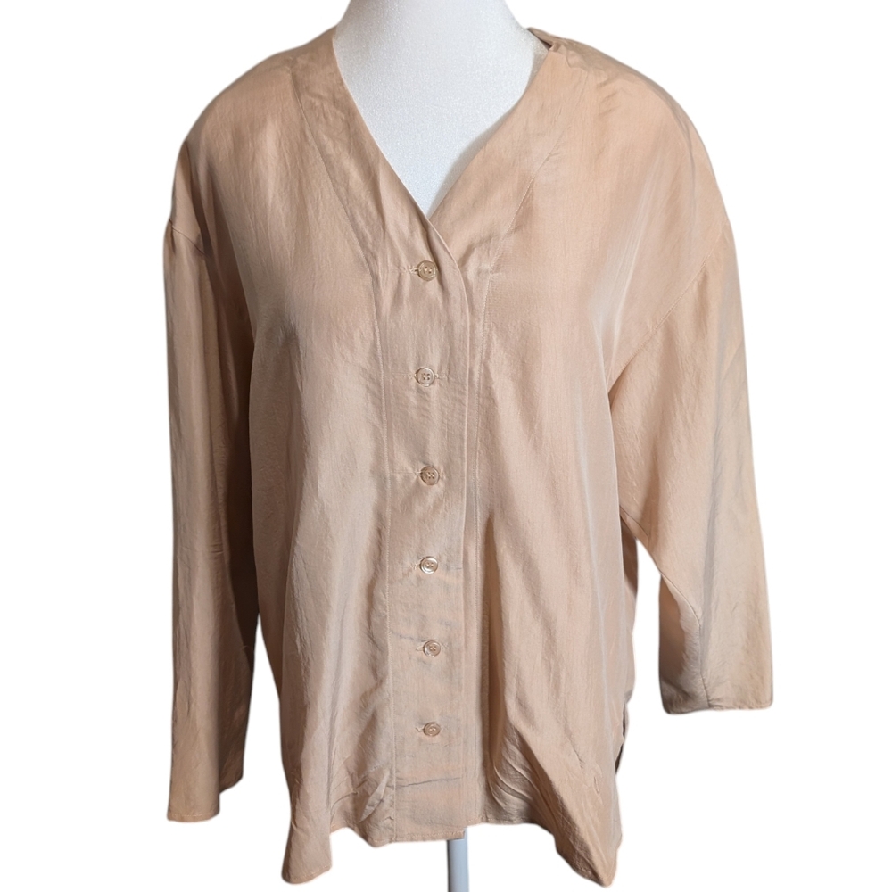 Per Se 100% Silk Blush Peach‎ 3/4 Sleeve Blouse Size Medium Classic Quiet Luxury